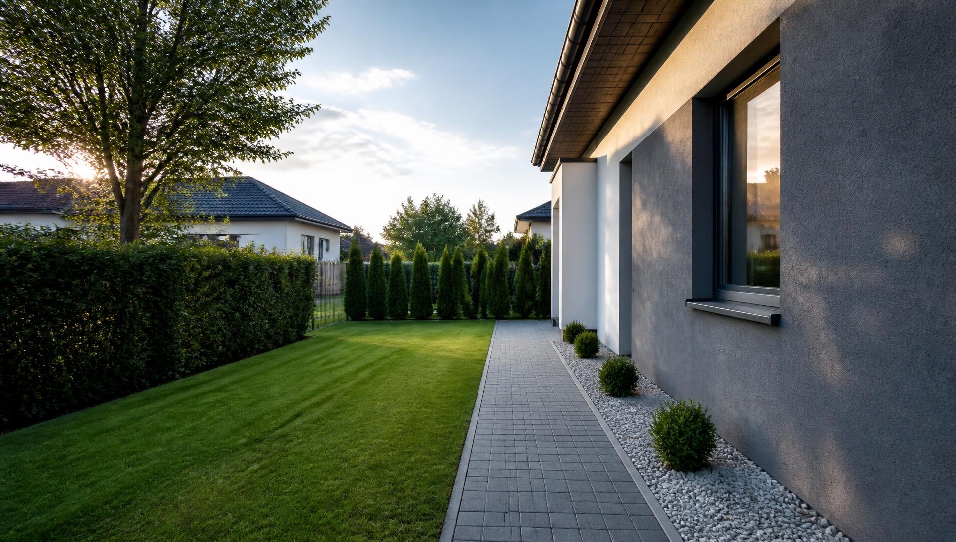 Gepflegter Garten mit geschnittener Hecke und sauberem Gehweg an einem Wohnhaus